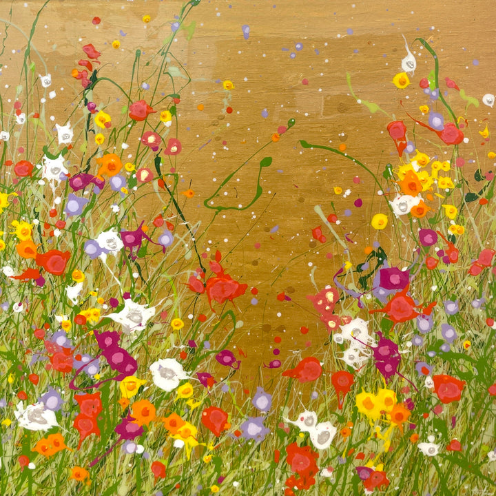 floral abstract paint splatters and flowers on gold background with resin