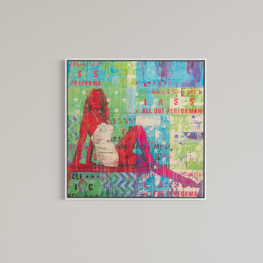 All Out Performance by Jon Davenport — framed Neo-Pop mixed media painting displayed against a neutral wall, showing the artwork in a white frame