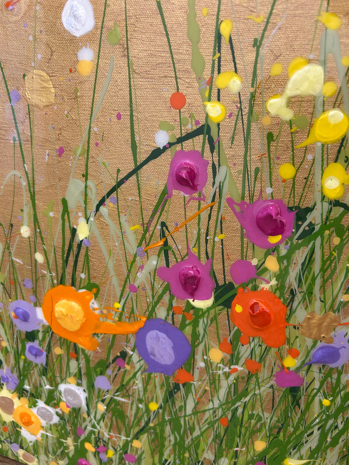 All That Glitters is Gold by Eric Heitmann, 48"w x 36"h. Abstract florals in white, green, purple, pink, and orange with a metallic gold foreground. 