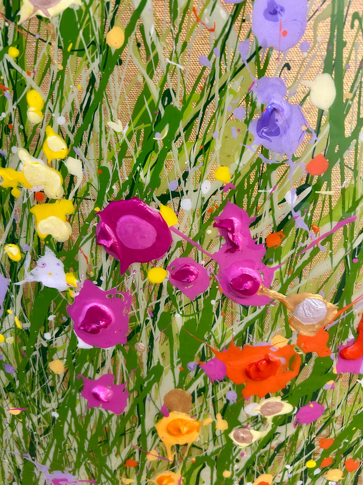All That Glitters is Gold by Eric Heitmann, 48"w x 36"h. Abstract florals in white, green, purple, pink, and orange with a metallic gold foreground. 