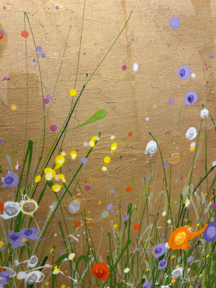 All That Glitters is Gold by Eric Heitmann, 48"w x 36"h. Abstract florals in white, green, purple, pink, and orange with a metallic gold foreground. 