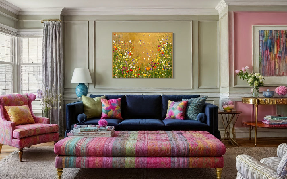 All That Glitters is Gold by Eric Heitmann, 48"w x 36"h. Abstract florals in white, green, purple, pink, and orange with a metallic gold foreground. 