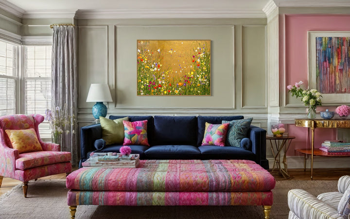 All That Glitters is Gold by Eric Heitmann, 48"w x 36"h. Abstract florals in white, green, purple, pink, and orange with a metallic gold foreground. 