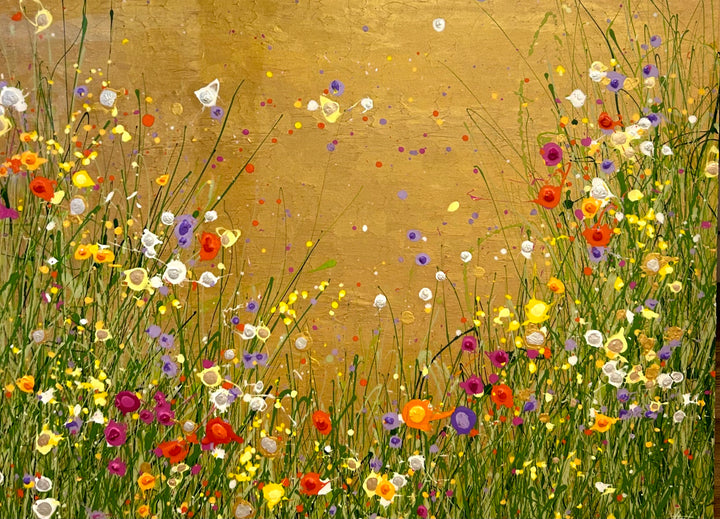 All That Glitters is Gold by Eric Heitmann, 48"w x 36"h. Abstract florals in white, green, purple, pink, and orange with a metallic gold foreground. 