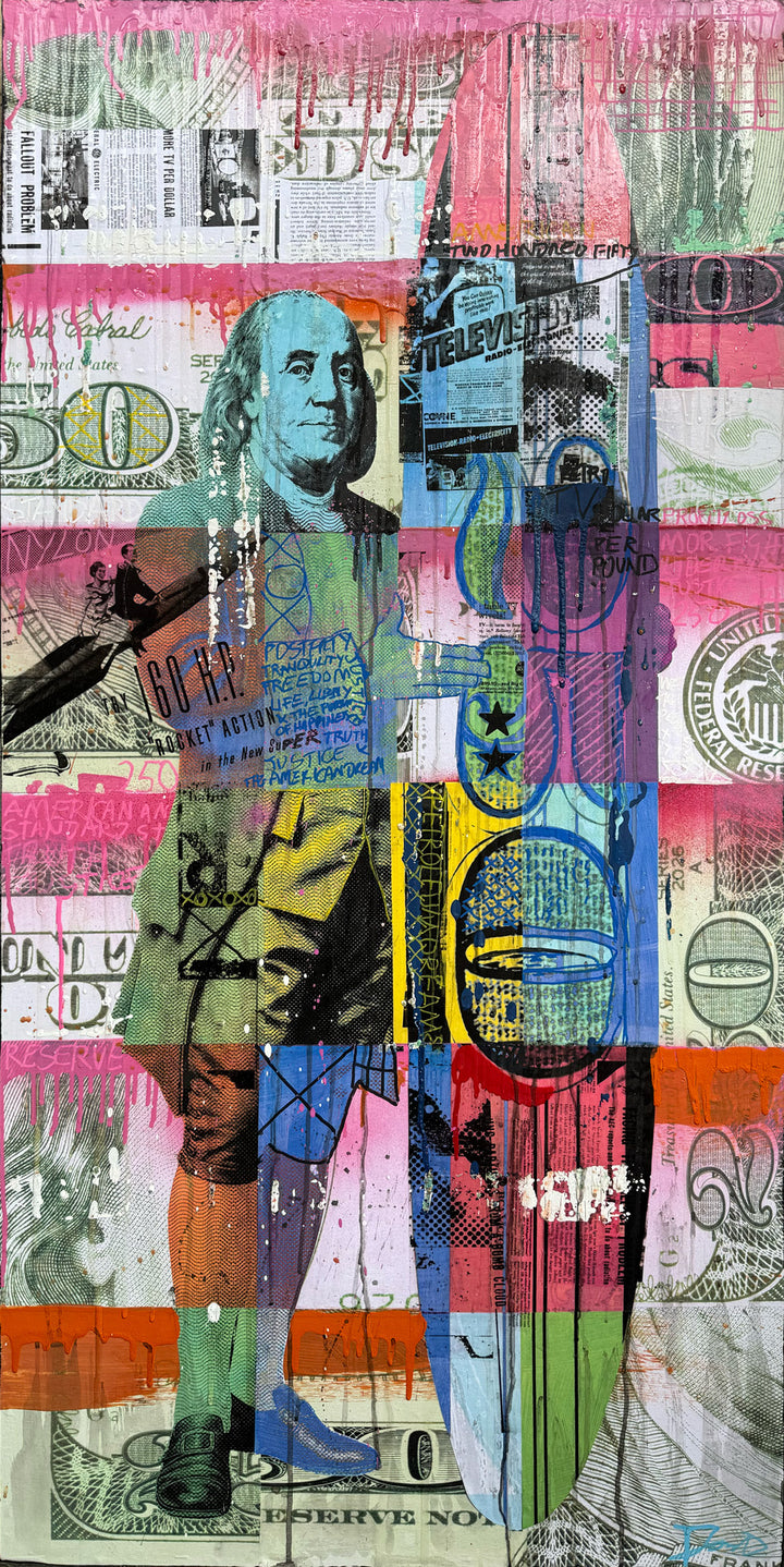 All About the Benjiamins (Triptych) by Jon Davenport — close-up of second panel, Neo-Pop mixed media collage with Benjamin Franklin portrait, dollar bill imagery and bold color overlays