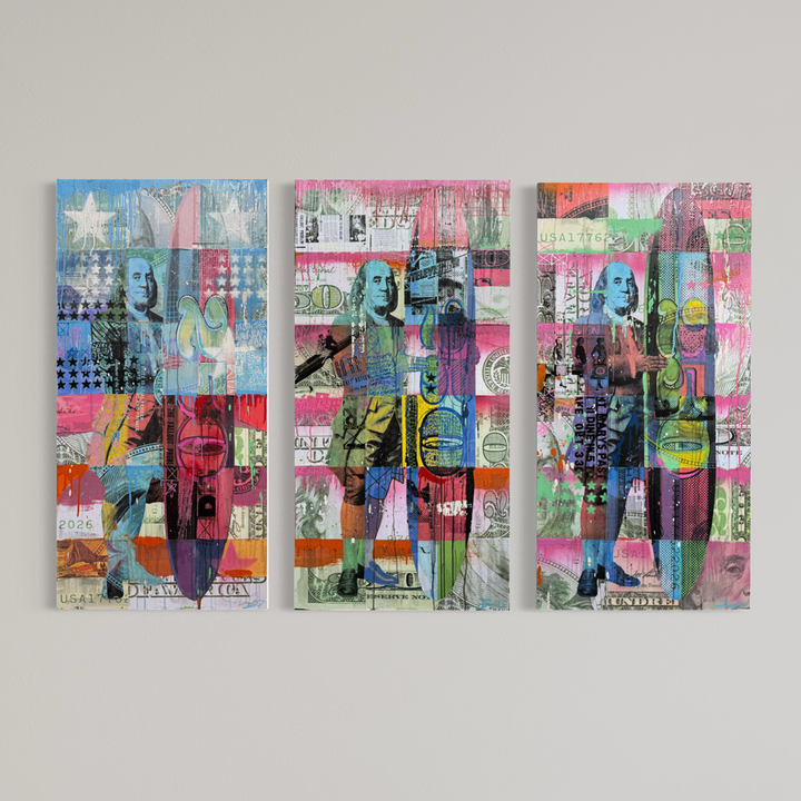 All About the Benjiamins (Triptych) by Jon Davenport — framed three-panel Neo-Pop mixed media artwork showing Benjamin Franklin motifs, displayed against a neutral background