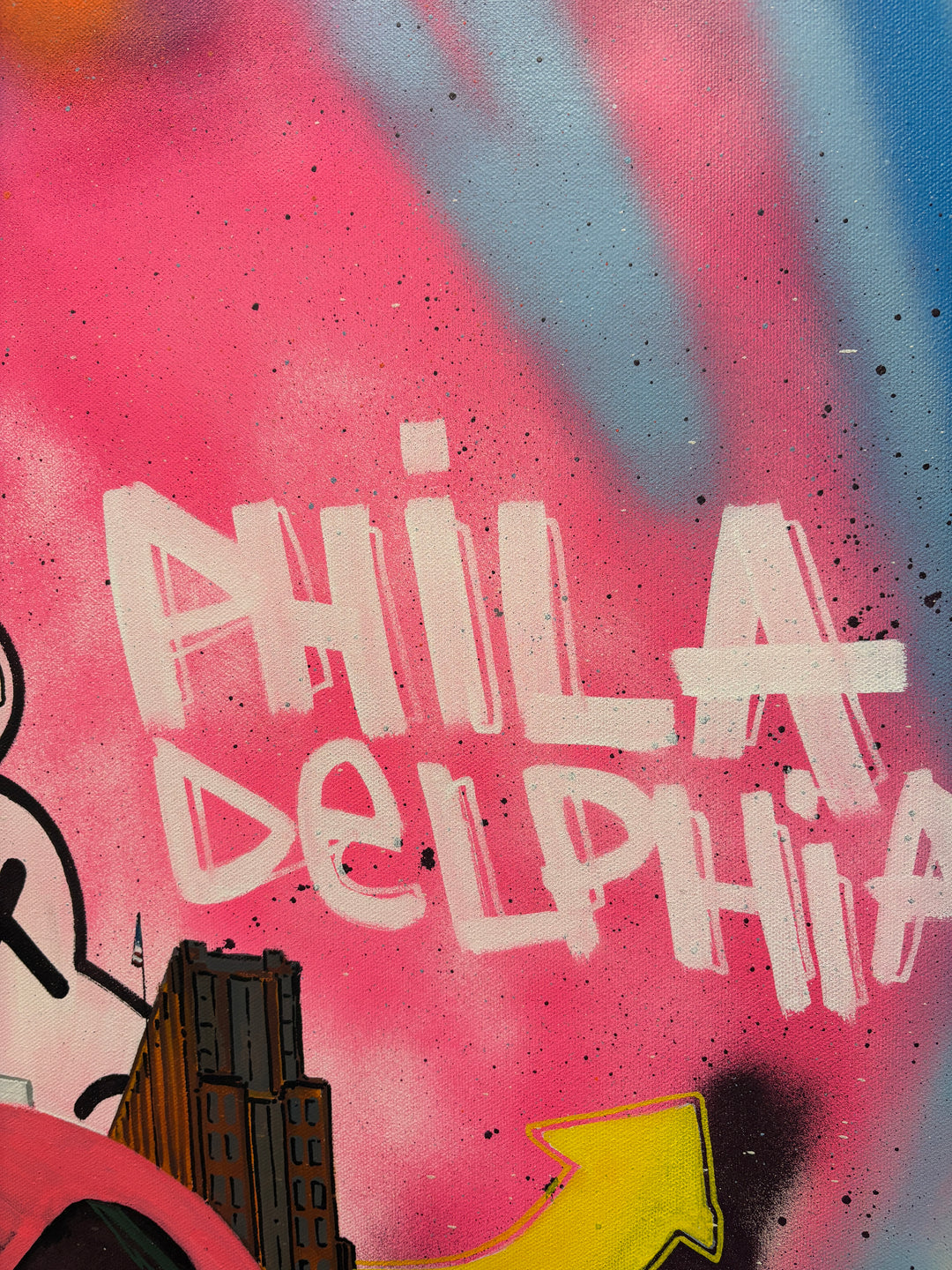 vibrant graphic illustration philadelphia love park sign buildings landscape graffiti marker in pink bold letters 