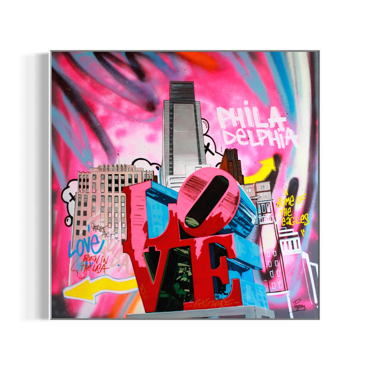 vibrant graphic illustration philadelphia love park sign buildings landscape graffiti marker in pink bold letters 