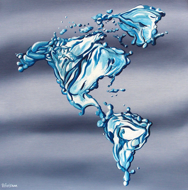 "America Water World" by Italian artist Carlo Trevisan — a surrealist oil painting on canvas depicting the Americas rendered entirely in luminous splashing water against a soft gray-blue background. North, Central, and South America are sculpted from vivid aquamarine droplets and fluid forms, delivering a powerful environmental message about water scarcity and climate change. Original contemporary surrealist environmental water world map painting on canvas available at Morton Contemporary gallery.