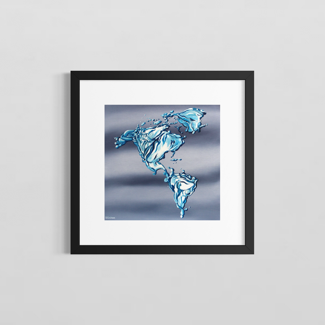 "America Water World" by Italian artist Carlo Trevisan — a surrealist oil painting on canvas depicting the Americas rendered entirely in luminous splashing water against a soft gray-blue background. North, Central, and South America are sculpted from vivid aquamarine droplets and fluid forms, delivering a powerful environmental message about water scarcity and climate change. Original contemporary surrealist environmental water world map painting on canvas available at Morton Contemporary gallery.