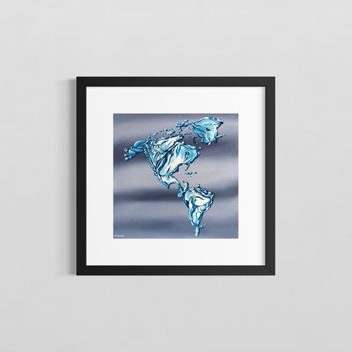 "America Water World" by Italian artist Carlo Trevisan — a surrealist oil painting on canvas depicting the Americas rendered entirely in luminous splashing water against a soft gray-blue background. North, Central, and South America are sculpted from vivid aquamarine droplets and fluid forms, delivering a powerful environmental message about water scarcity and climate change. Original contemporary surrealist environmental water world map painting on canvas available at Morton Contemporary gallery.