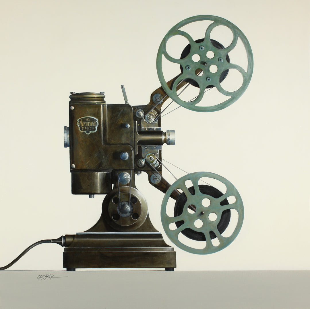 realistic antique movie projector painted with oil on canvas. minimalist grey surface and white background. 40"X40".