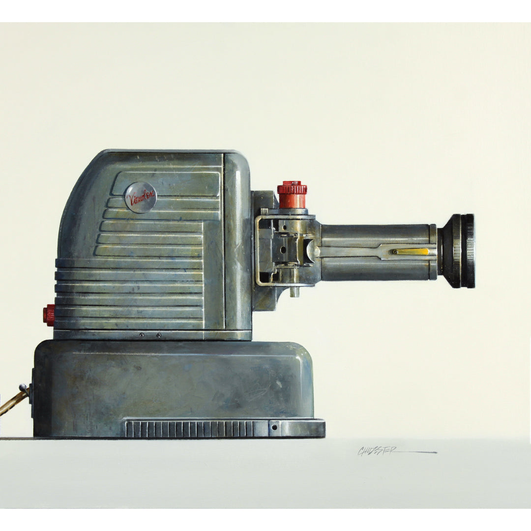 Realistic painting of a vintage Viewlex  projector. 26"x24" oil on canvas. Minimalist off white and grey background.