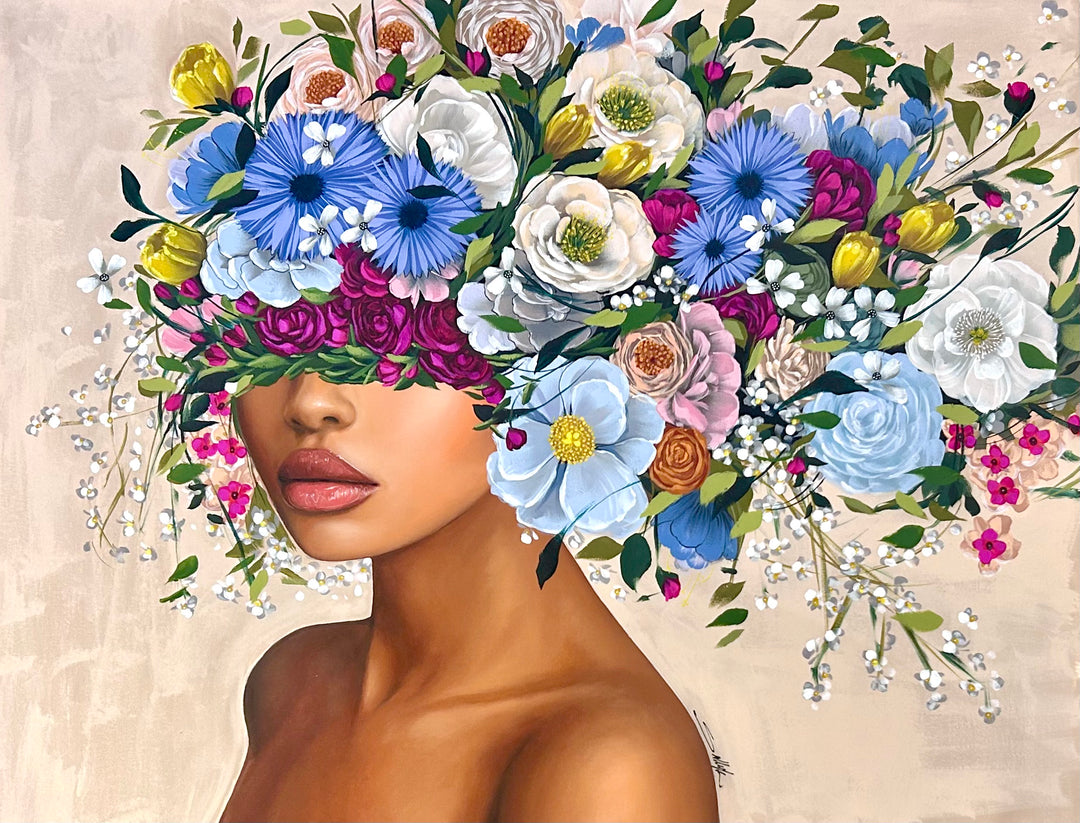 48"W x 36"H Acrylic portrait on canvas. Woman with her face and hair covered by blue, white and pink flowers on a cream background.