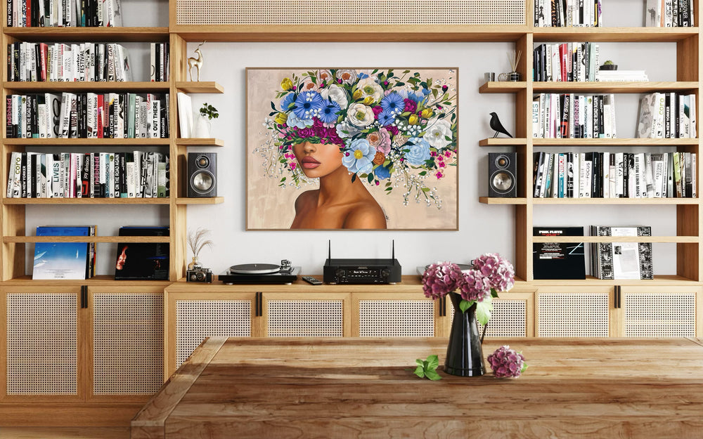 48"W x 36"H Acrylic portrait on canvas. Woman with her face and hair covered by blue, white and pink flowers on a cream background.