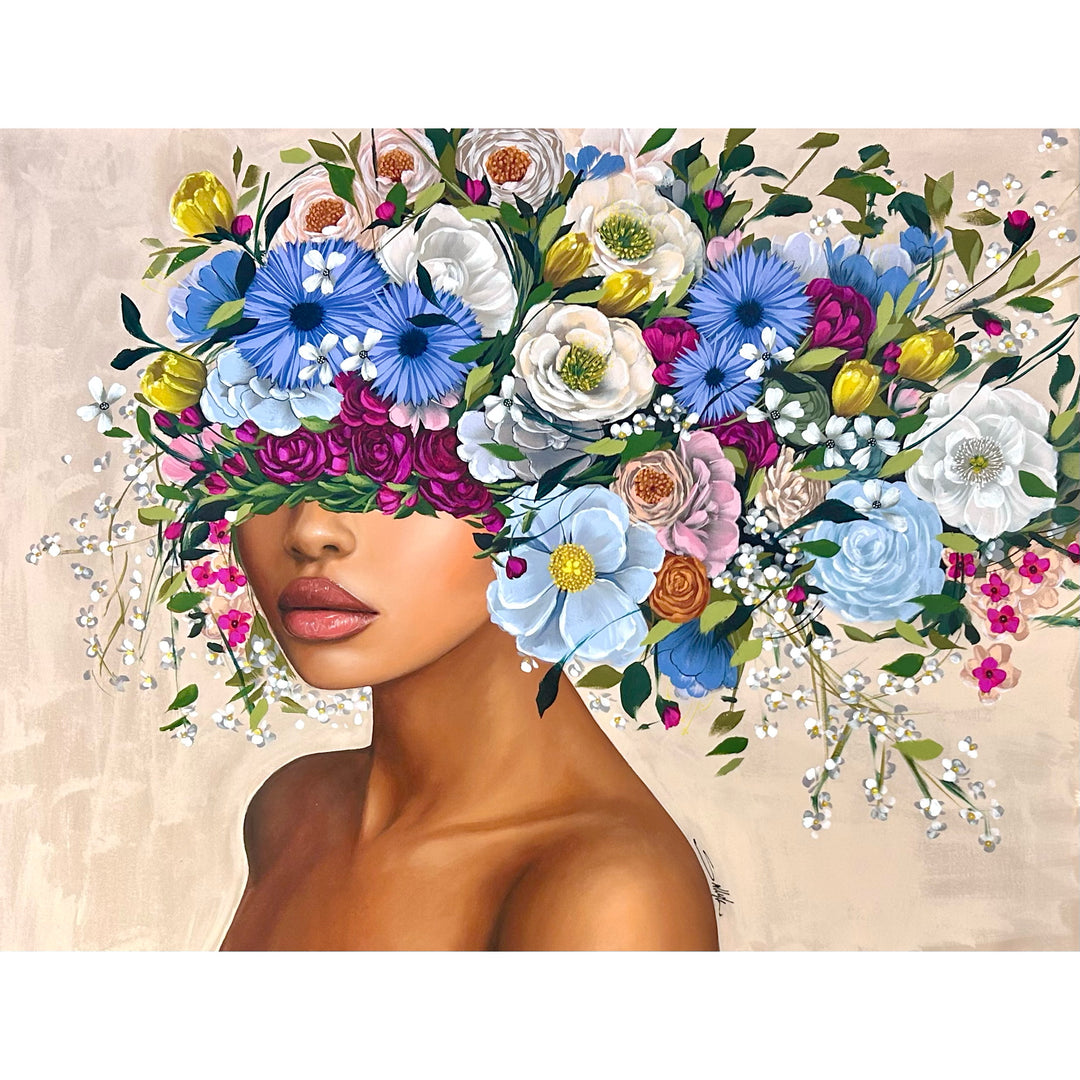 48"W x 36"H Acrylic portrait on canvas. Woman with her face and hair covered by blue, white and pink flowers on a cream background.