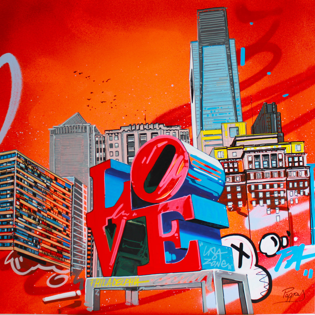 "Another Love" by Pappay — a vibrant street art-inspired painting on canvas depicting Philadelphia&