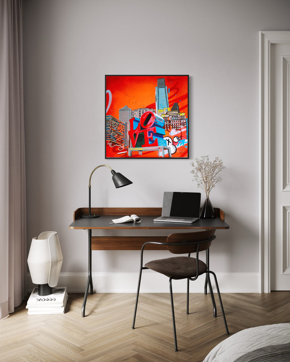 "Another Love" by Pappay — a vibrant street art-inspired painting on canvas depicting Philadelphia's iconic LOVE sculpture in bold red and blue dominating a fiery orange-red skyline featuring the Comcast Center and surrounding landmarks, with graffiti lettering reading "Philadelphia" and "USA Zone." A dynamic, energetic celebration of Philadelphia pride and urban culture. Original contemporary Philadelphia LOVE sculpture street art pop art painting on canvas available at Morton Contemporary gallery.