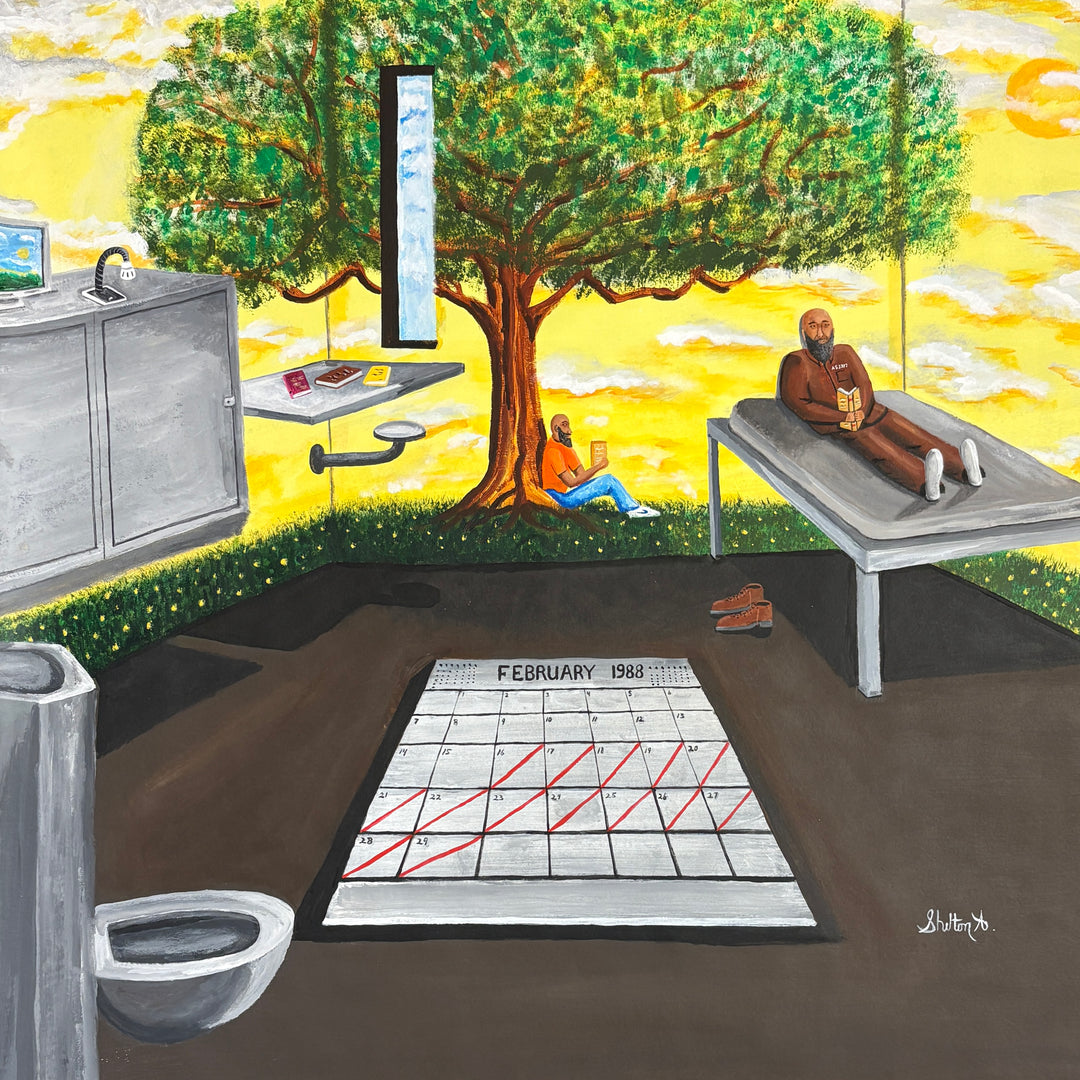 prisoner figure sitting on bed in cell with large calendar and tree growing on the outside in bright yellow and green acrylic