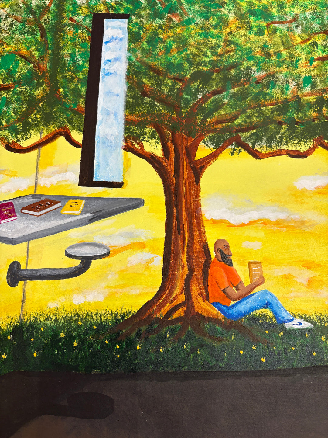 prisoner figure sitting on bed in cell with large calendar and tree growing on the outside in bright yellow and green acrylic