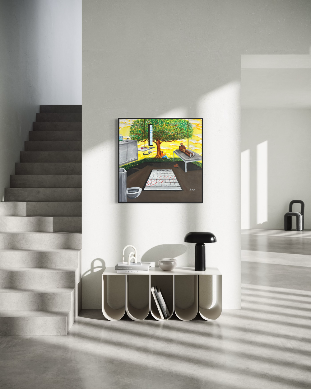 prisoner figure sitting on bed in cell with large calendar and tree growing on the outside in bright yellow and green acrylic