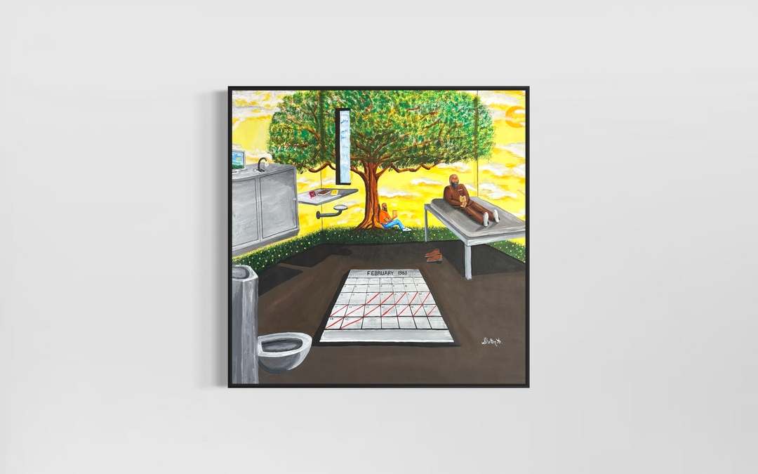 prisoner figure sitting on bed in cell with large calendar and tree growing on the outside in bright yellow and green acrylic
