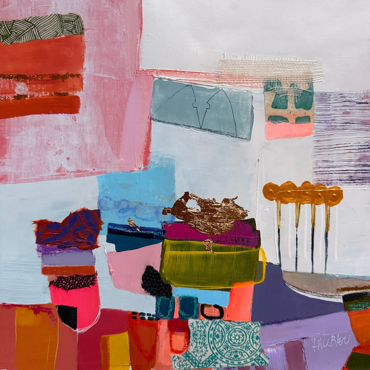Lau Blou, Arbres d’or, acrylic paint, fabric, and gold leaf on canvas, 10 x 10 inches. Abstract composition of stacked blocks in pink, red, light blue, olive, and purple with patterned fabric and copper leaf pieces and four small orange-topped tree shapes on the right, set against a white background.