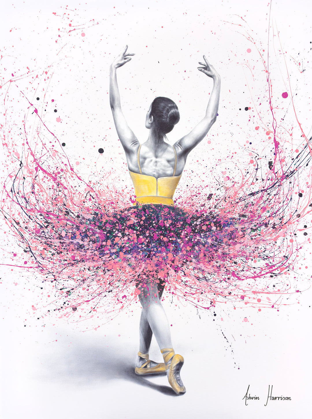 turning ballerina woman female figure in black and white wearing paint splatter acrylic tutu in pink and purple on white background