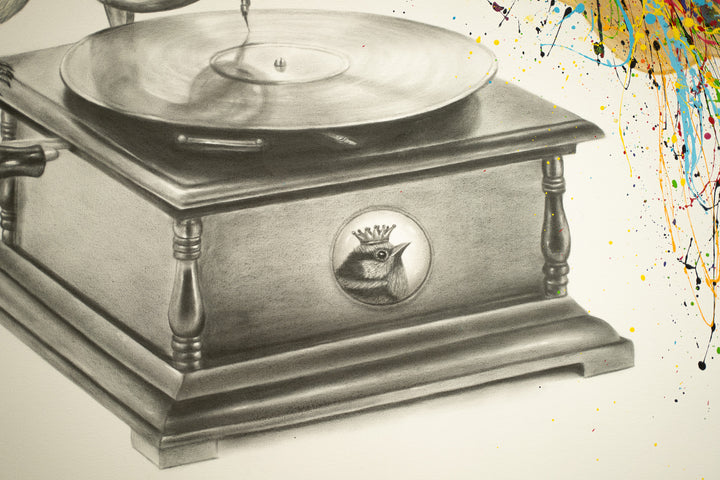 Gramophone with bird paint splatter out of speaker expressionism multicolor black and white realism on white background