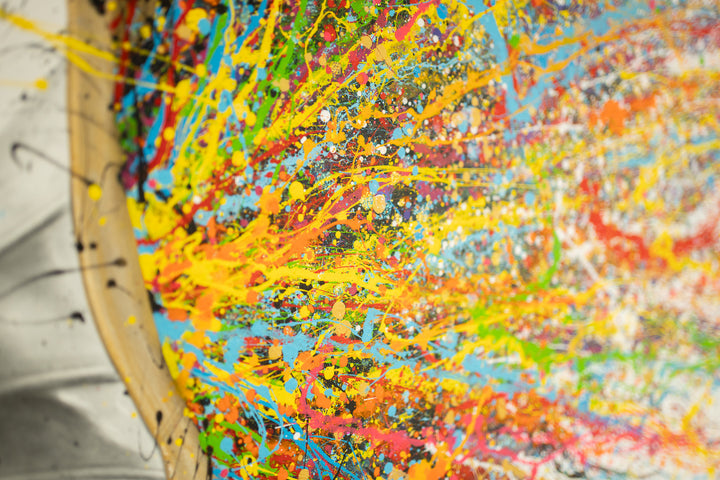 Gramophone with bird paint splatter out of speaker expressionism multicolor black and white realism on white background