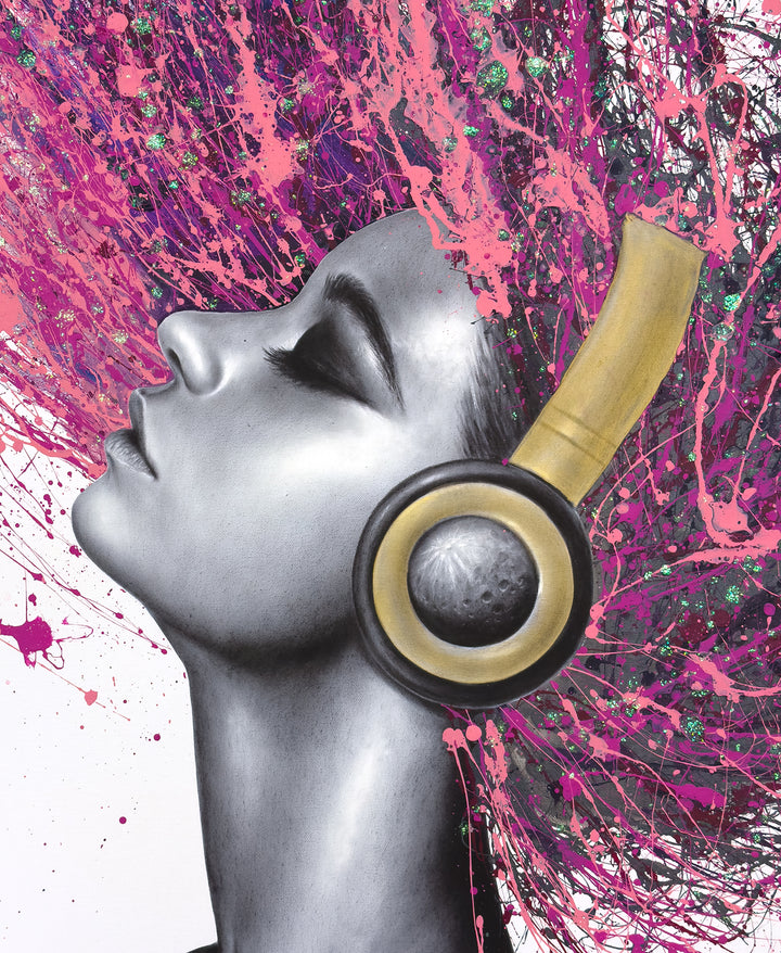 woman profile side view portrait in black and white with hair flipping back with pink acrylic splashes and glitter moon headphones acrylic paint expressionism