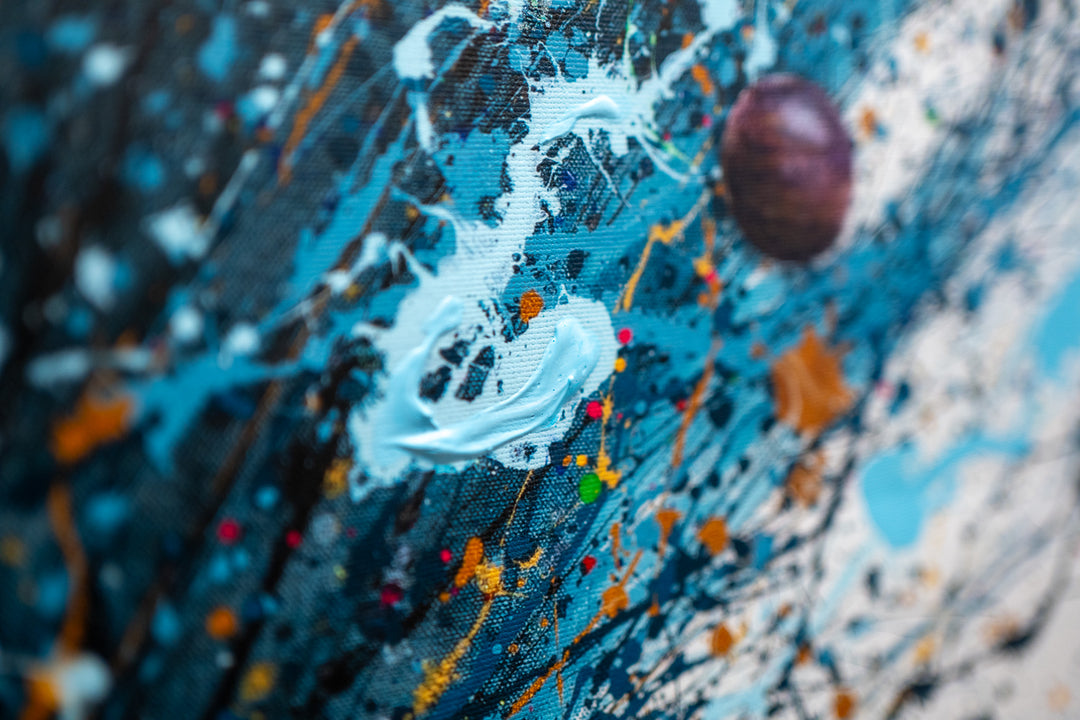 Woman figure looking upwards with eyes closed, wearing headphones with blue splattered hair behind her flying upwards with planets floating around on white background