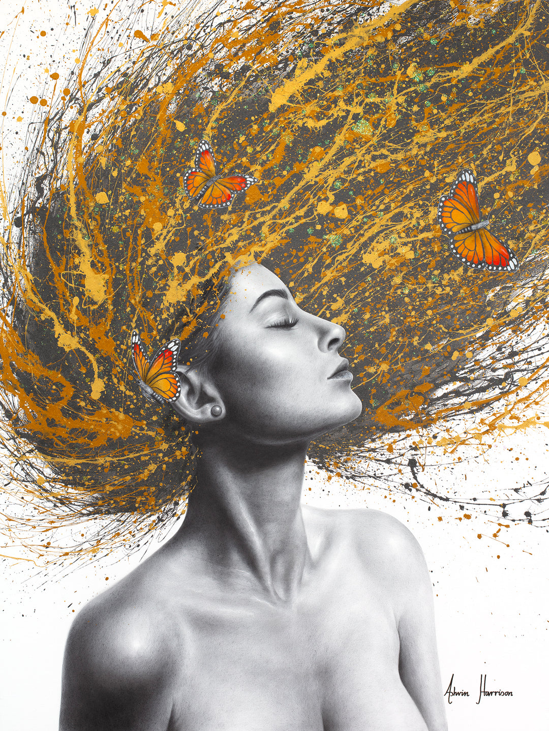black and white profile woman flipping her hair on gold orange yellow and black splatter hair with orange monarch butterflies in hair on white background