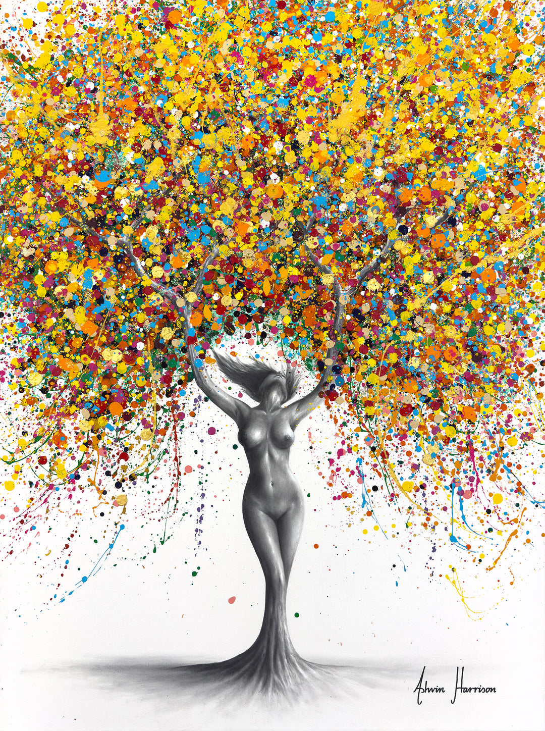 Existential Essence by Ashvin Harrison. Nude woman in black and white coconut charcoal with legs morphing into a tree trunk, her arms as branches and leaves are splattered colored paint