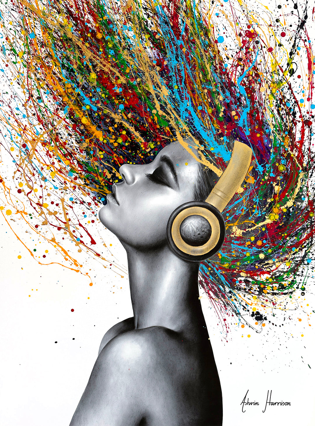 Beautiful woman wearing headphones, painted in black and white coconut charcoal with colorful splattered paint as hair