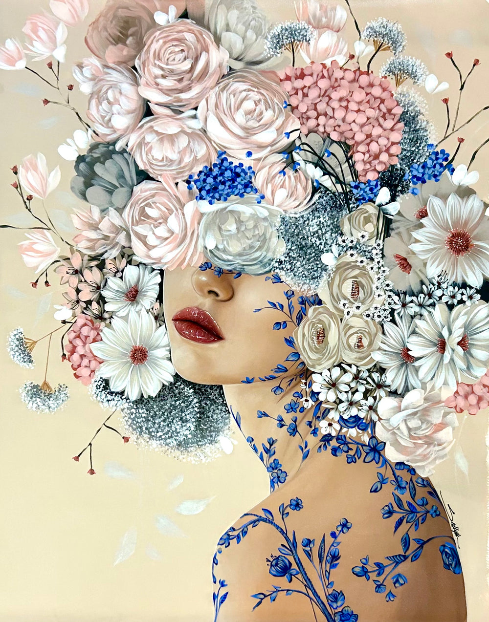 Audrey by Sally K. acrylic painting on canvas of a woman with blue floral tattoos and flowers surrounding her face. Light cream foreground, white, grey, blue and light pink flowers.