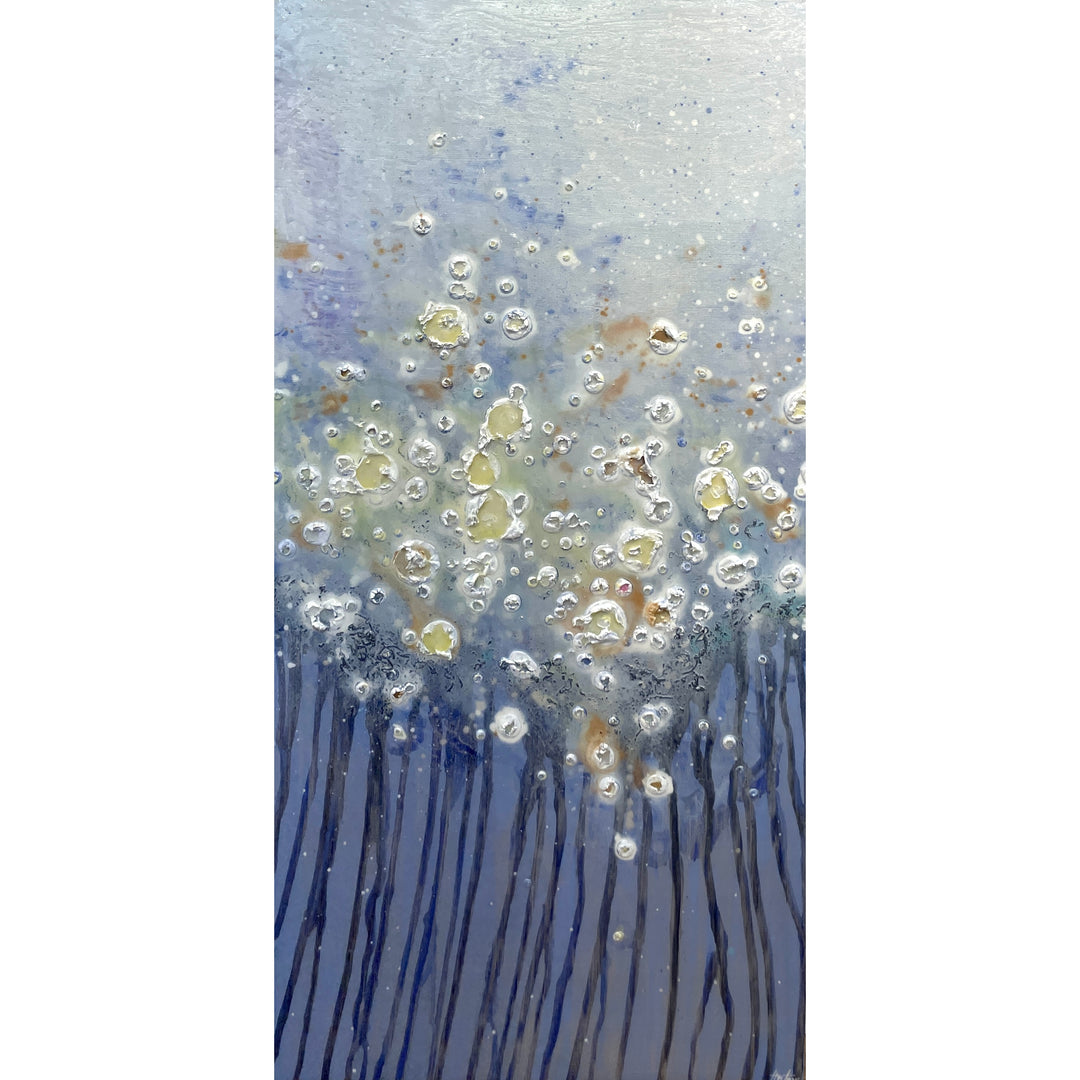 abstract craters of white with resin across middle of canvas, blue lines streaking down from beneath, lighter white towards top