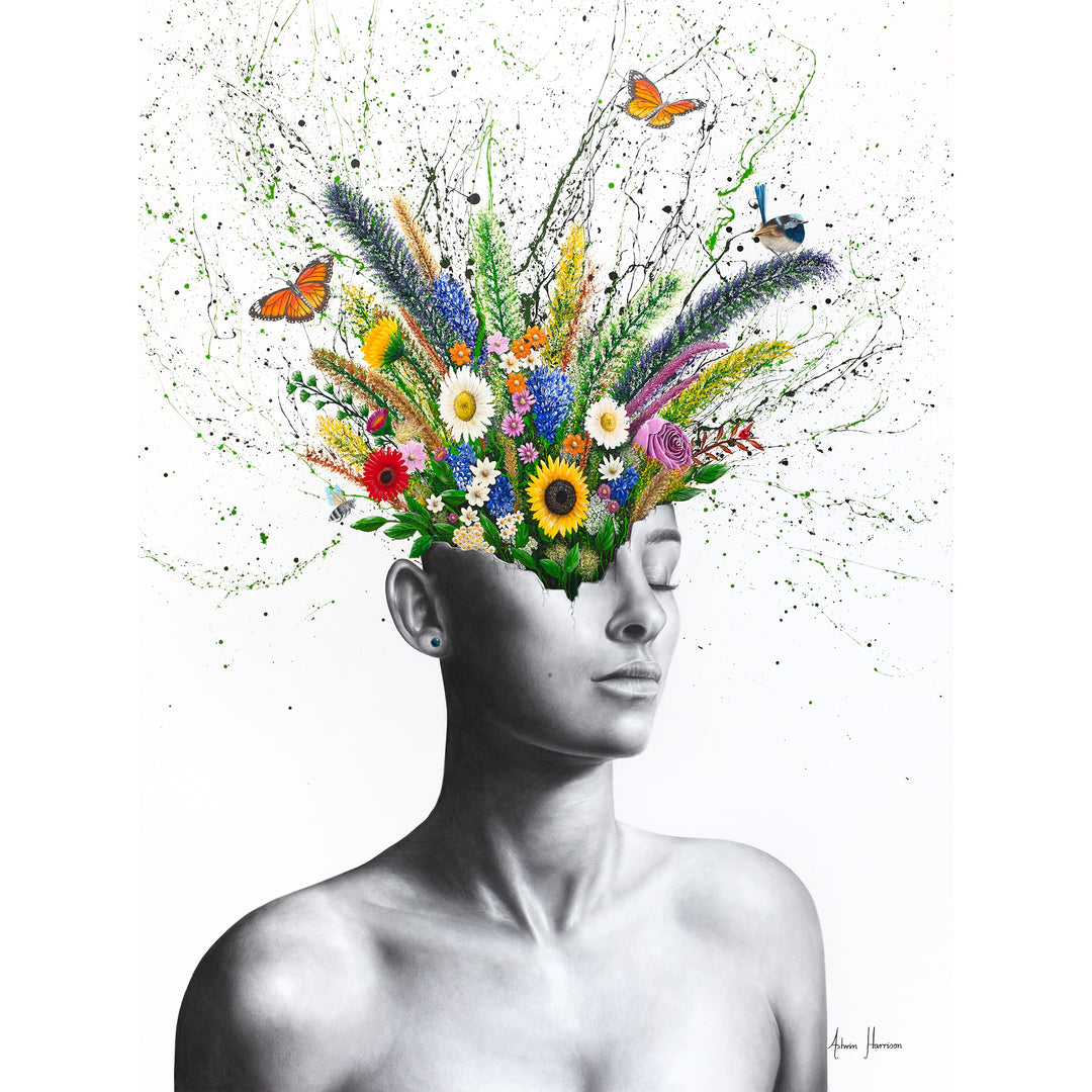 black and white woman figure head cracked open with plants leaves flowers butterflies bird bee coming out flying growing out of head and splatter paint on white background