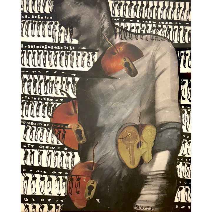 collage of male figure in black and white, with cut out apple halves and key locks on torso, collaged atop illustrative pattern of hanging figures repeated in background
