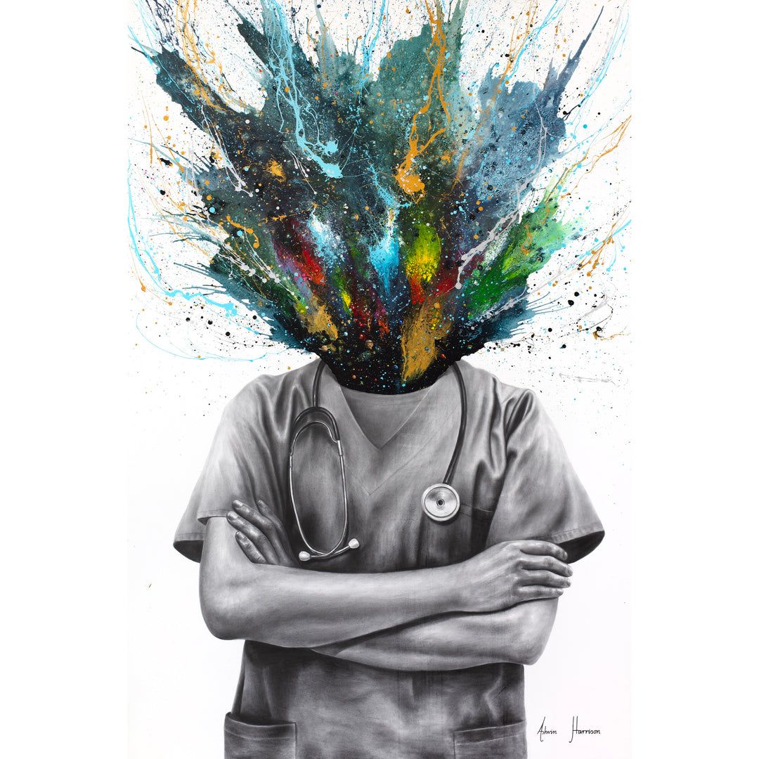 medical staff in scrub uniform with stethoscope in black and white, of of the figures head exploded a galaxy of colors and splatter paint