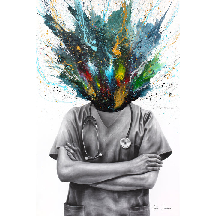 medical staff in scrub uniform with stethoscope in black and white, of of the figures head exploded a galaxy of colors and splatter paint