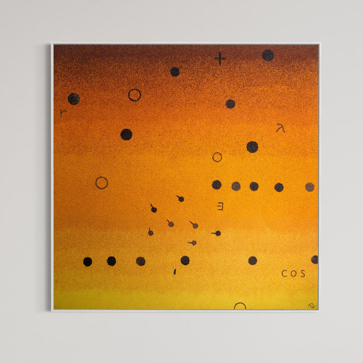 60"x60" abstract piece using crushed volcanic rock and acrylic paint with abstract forms over an orange ombré background. 