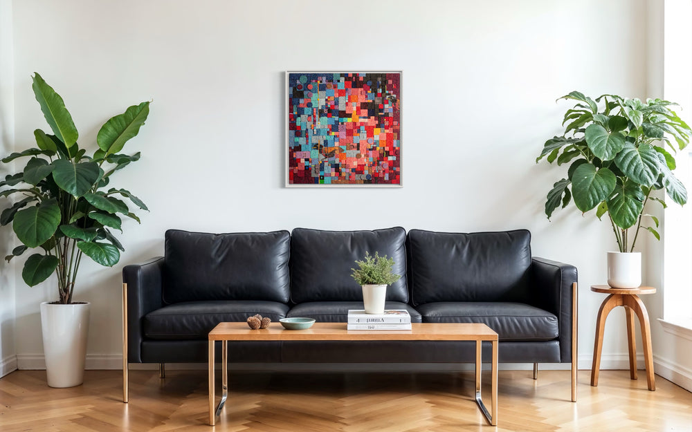 30"x30" abstract piece using crushed volcanic rock and acrylic paint with an abstract colorful geometric design.