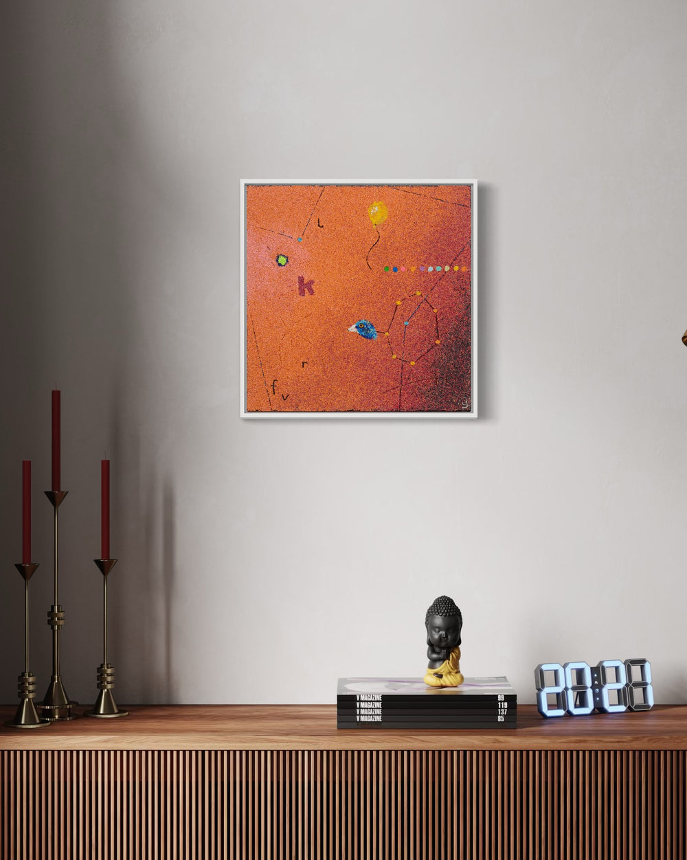 20"x20" abstract piece using crushed volcanic rock and acrylic paint featuring a bird and abstract forms over an orange and red background. 