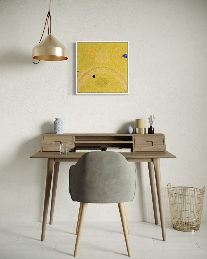 20"x20" abstract piece using crushed volcanic rock and acrylic paint with a bird and abstract forms over a yellow background. 