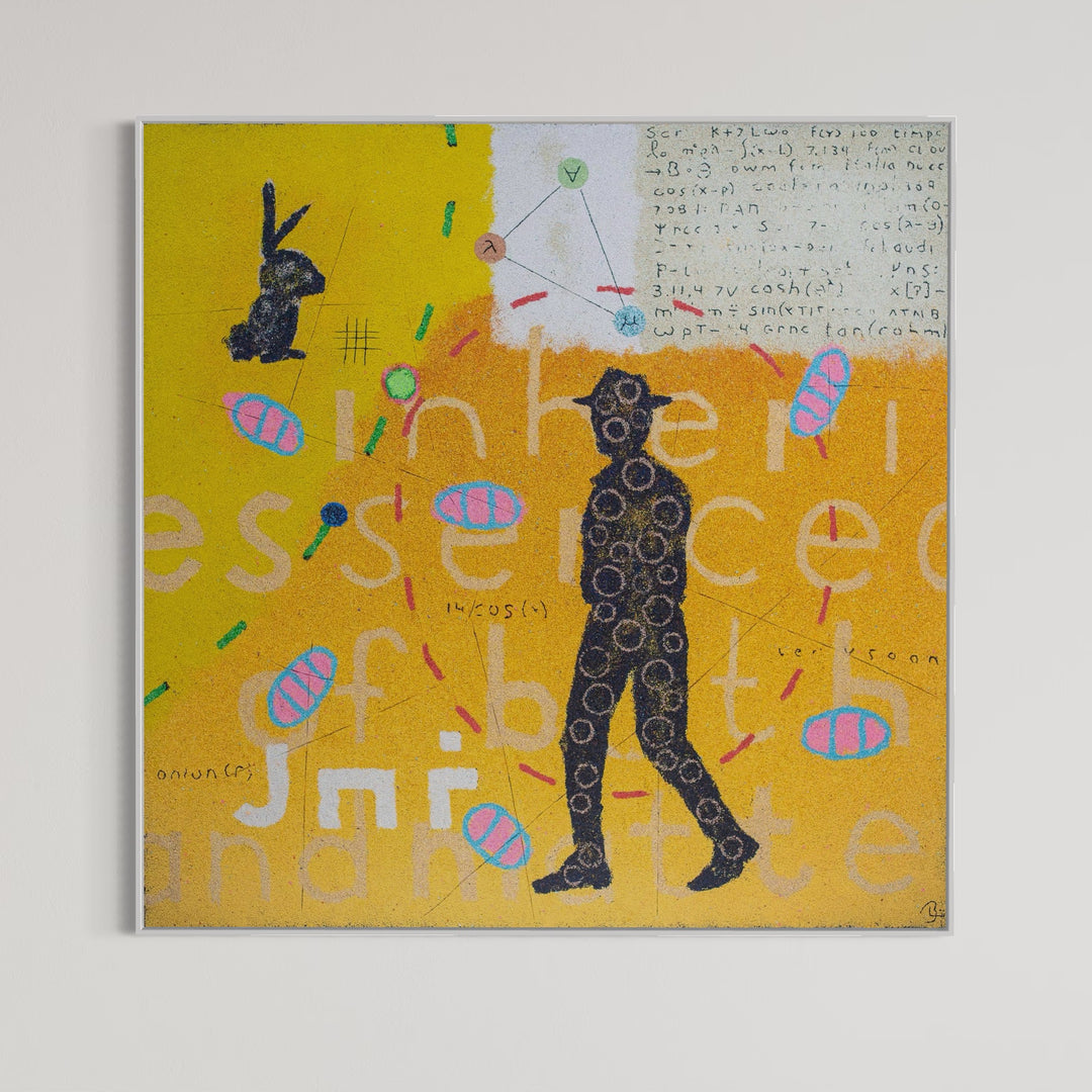 60"x60" abstract piece using crushed volcanic rock and acrylic paint featuring abstract forms over a yellow and orange background. 