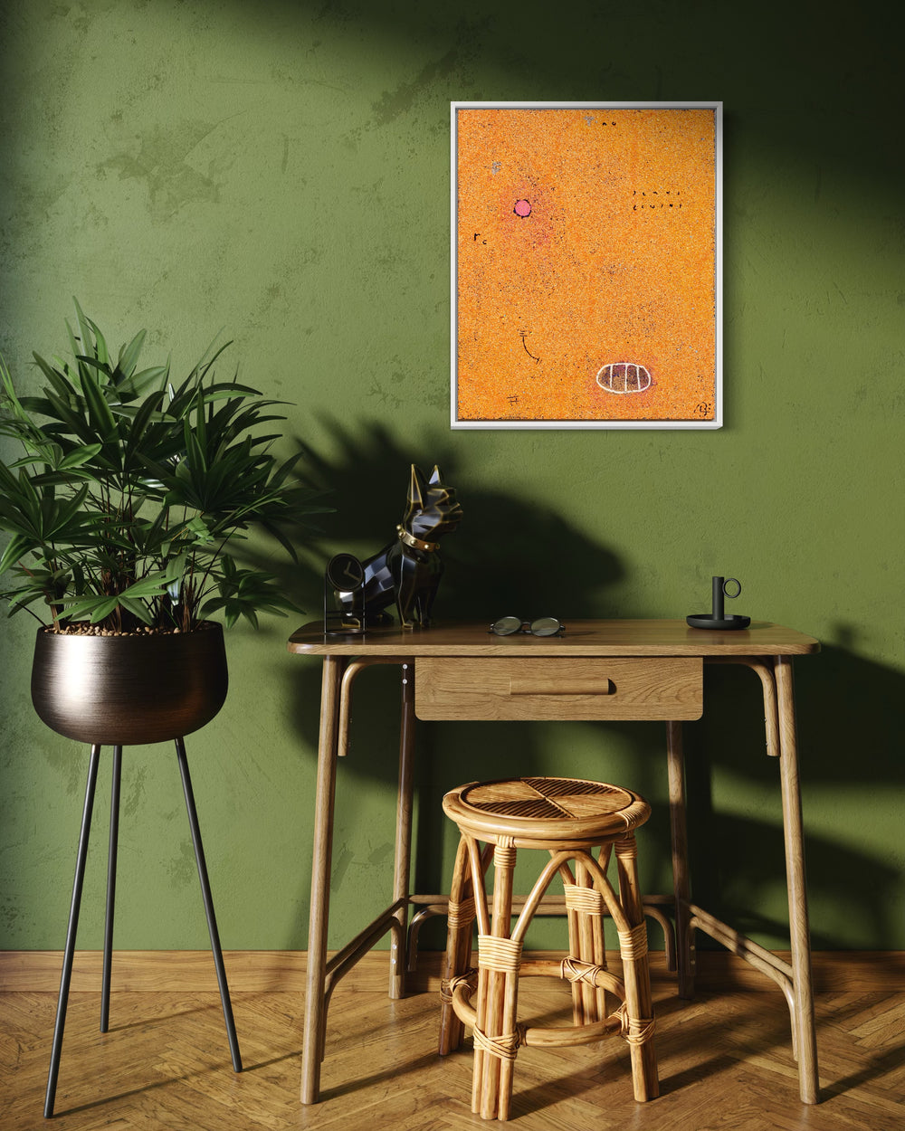24"x20" abstract piece using crushed volcanic rock and acrylic paint featuring abstract forms over a yellow background. 
