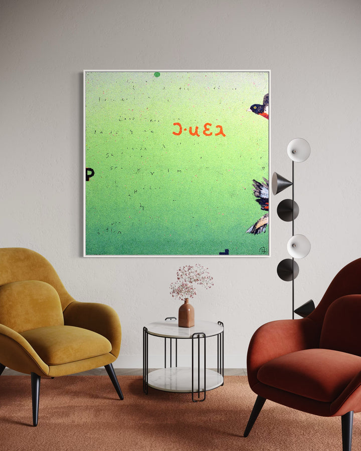 48"x48" abstract piece using crushed volcanic rock and acrylic paint with birds and abstract lettering over a green background. 