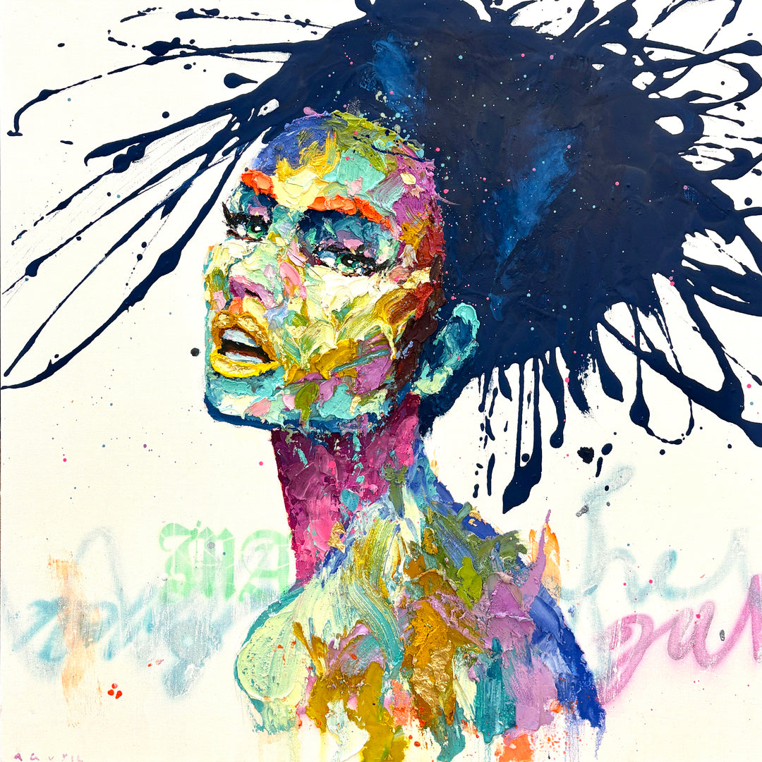 side profile portrait woman face painted thick and expressionistically with many colors blue hair splattered and text spray painted stencil on white background