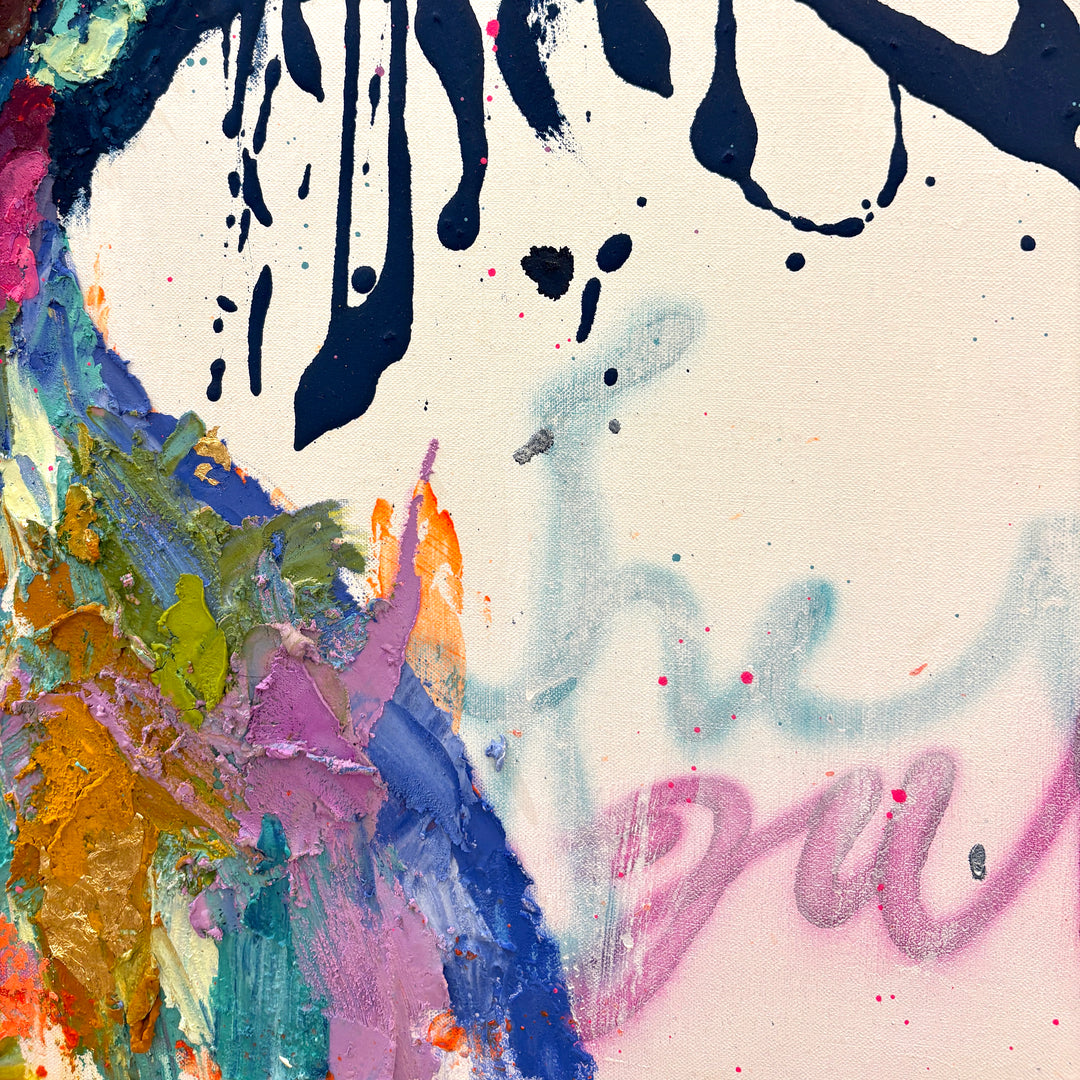 side profile portrait woman face painted thick and expressionistically with many colors blue hair splattered and text spray painted stencil on white background
